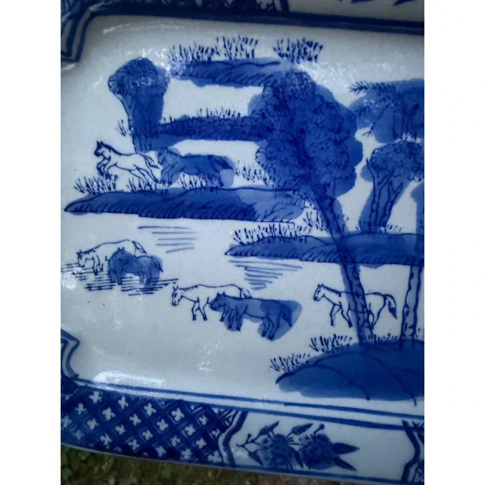 Vintage Blue + White Porcelain Rectangular Platter | Chinoiserie Horse Landscape
